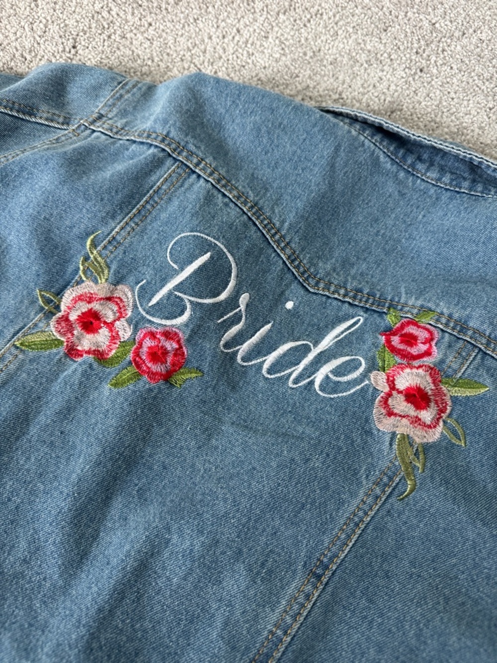 Embroidered 'Bride' Blue Denim Jacket Large - Picture 2 of 6